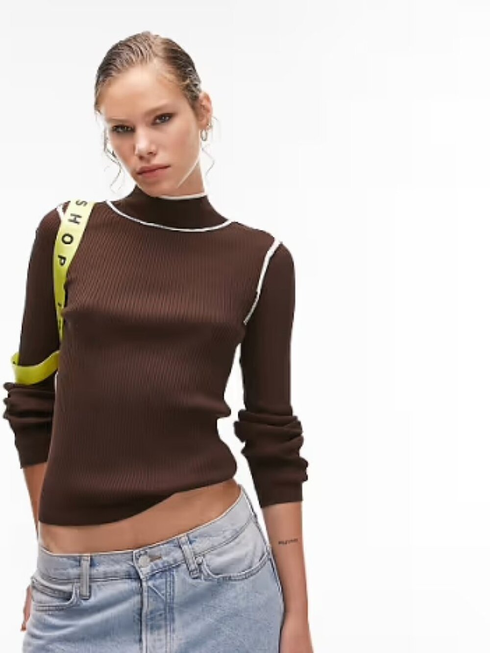 Brown white contrast trim fine knit mock neck sweater top